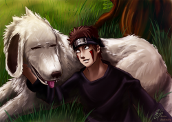 Киба и Акамару на траве